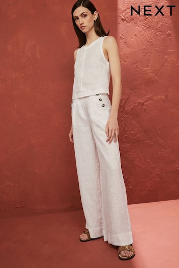 White 100% Linen Button Wide Leg Trousers (N61091) | £48