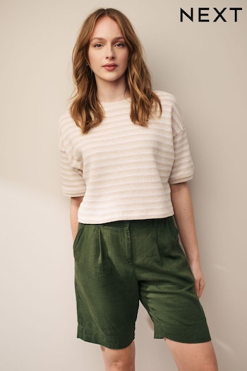 Khaki Green Linen Blend Knee Length Knitted Shorts (N61131) | £18