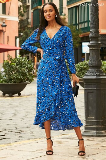 Sosandar Blue Animal Print Ruffle Hem Wrap Dress (N61187) | £75