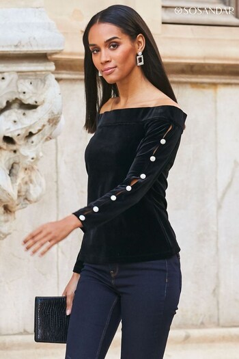 Sosandar Black Velvet Embellished Sleeve Bardot Top (N61210) | £55