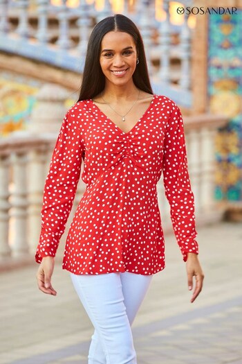 Sosandar Red/White Spot Print Ruched Front Top (N61348) | £48