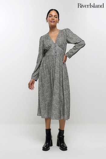 River Island Brown Button Abstract Midi Tea Dress fit (N61740) | £48