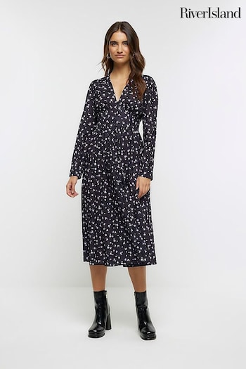 River Island Black Button Tea Floral Midi high Dress (N61741) | £48