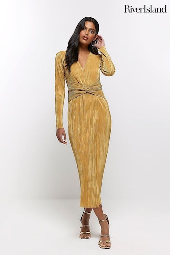 River Island Gold Twist Front Plunge Plisse Dress (N61745) | £48