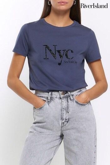 River Island Blue Beaded NYC T-Shirt (N61774) | £28