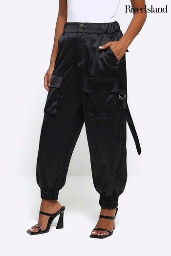 River Island Black Petite Pocketed Cuffed Satin Cargo Trousers (N61815) | £55