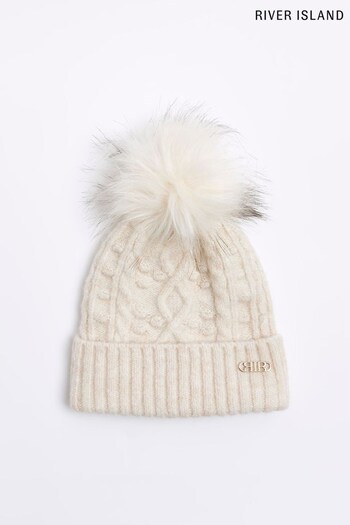 River Island Brown Pom Cable Knit Beanie (N61826) | £16