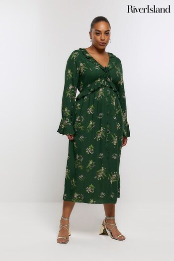River Island Green Plus Print Ruffle Midi Dress (N61840) | £45