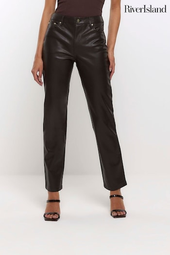 River Island Brown Faux Leather Straight Leg Fitted Trousers 90s (N61857) | £40