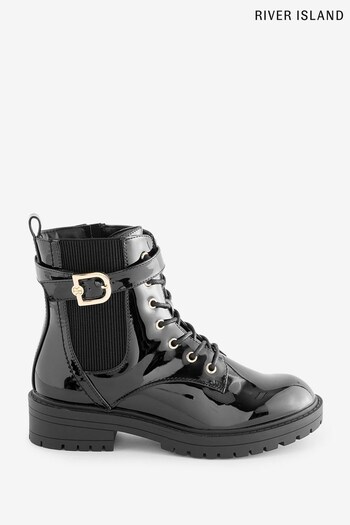River Island Black Wide Fit Lace Up Buckle Boots (N61877) | £45