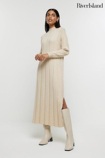 River Island Beige High Neck Knitted Maxi Dress (N61889) | £50
