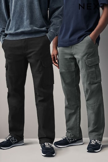 Black/Charcoal Grey Straight Cotton Rich Stretch Cargo Trousers 2 Pack (N61926) | £54
