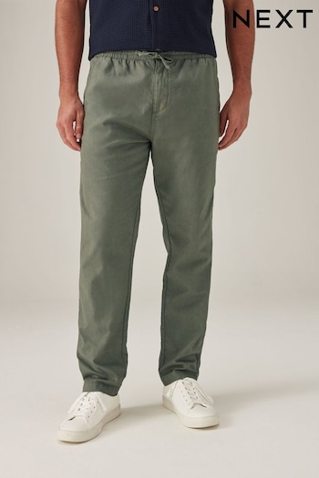 Khaki Green Slim Linen Cotton Elasticated Drawstring Balmain Trousers (N61937) | £28