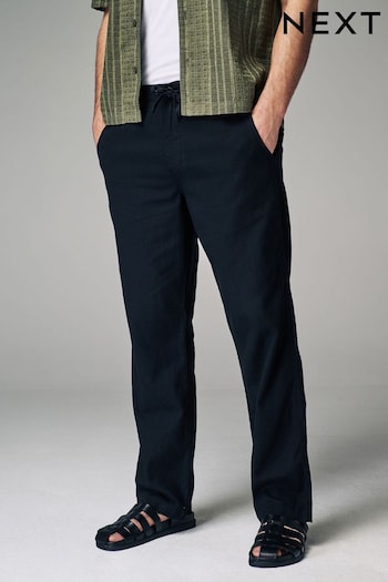 Black Relaxed Fit Linen Cotton Elasticated Drawstring Scotch Trousers (N61955) | £28