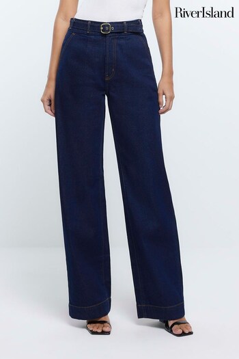 River Island Blue Belted High Rise Wide Leg Jeans (N62014) | £50