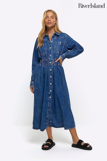 River Island Blue Denim Belted Shirt Midi Dress (N62015) | £55