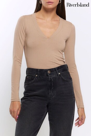 River Island Brown Fitted V-Neck Rib Top (N62016) | £18