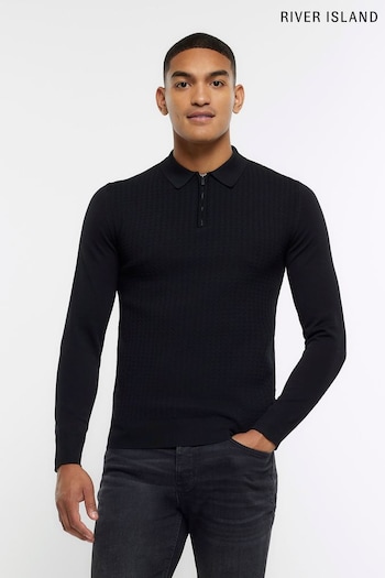 River Island Black Muscle Fit Cable Polo Jumper (N62036) | £32