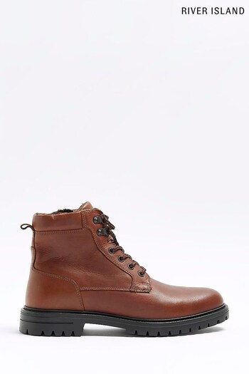River Island Brown Padded Leather Collar Boots (N62043) | £65
