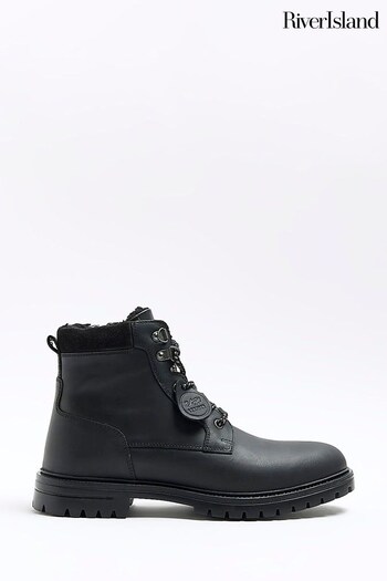 River Island Black Padded Leather Collar Boots (N62051) | £65