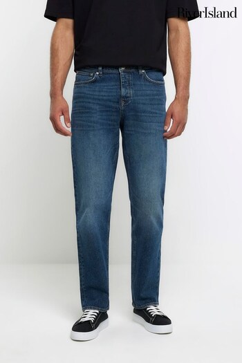 River Island Blue Wash Straight Fit Print Jeans (N62053) | £39