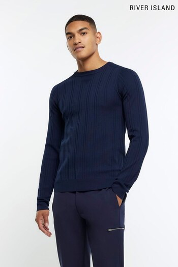 River Island Blue Muscle Fit Ribbed Jumper (N62074) | £28
