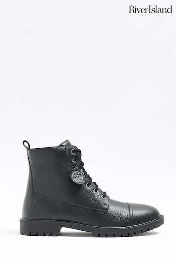 River Island Black Leather Leather Laced Combat Boots (N62085) | £69