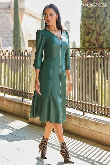 Sosandar Green Zip Front Faux Leather Midi Dress (N62117) | £84