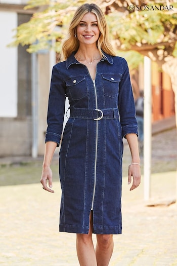 Sosandar Blue Zip Front Belted Denim Dress (N62128) | £74