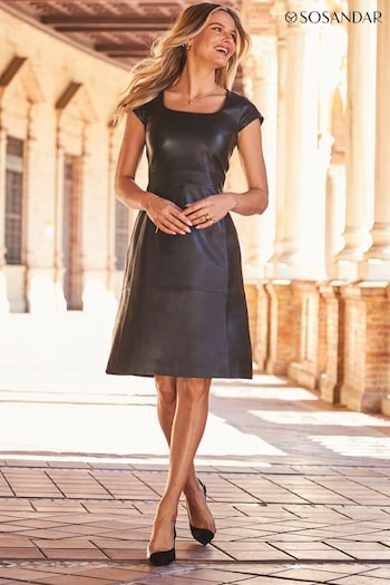Sosandar Black Square Neck Cap Sleeve Leather Dress (N62287) | £235
