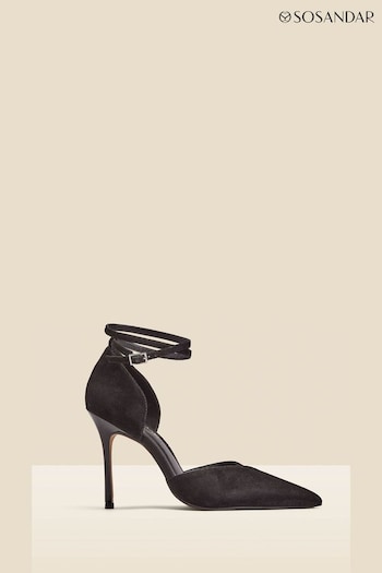 Sosandar Black Leather Ankle Strap Flared Heel Court Shoes (N62330) | £89