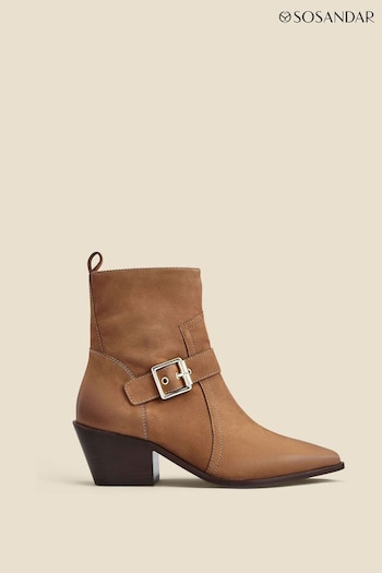 Sosandar Brown Leather Buckle Detail Western Ankle Boots (N62341) | £119
