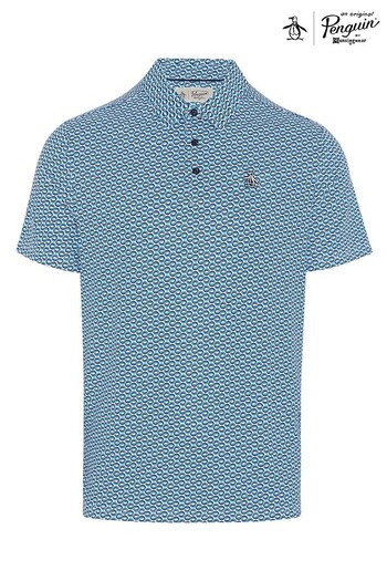 Original Penguin Golf Mens Blue All Over Heritage Micro Geo Print flops Polo Shirt (N62442) | £54