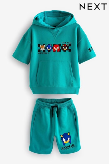 Turquoise Blue Sonic Licensed Short Sleeve Hoodie Sweat-shirt and Shorts Set (3-16yrs) (N62549) | £28 - £38