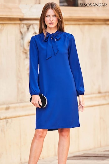 Sosandar Blue Pussybow Neck Shift Dress (N62721) | £75