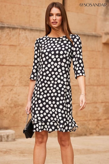 Sosandar Black Spot Print Ruffle Hem Shift Dress (N62793) | £74