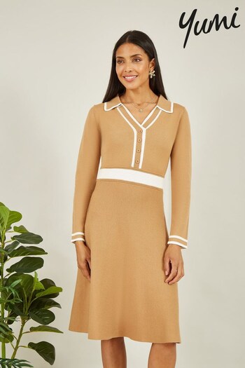 Yumi Brown Contrast Collar Knitted Dress (N62845) | £55