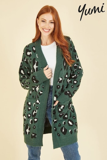 Yumi Green Long Animal Print Intarsia Knit Cardigan (N62849) | £50