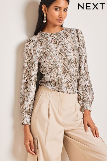 Snake Print Long Sleeve Textured Crew Neck Cuff Blouse (N62965) | £30