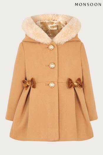 Monsoon Baby Natural Bow Faux Fur Hooded Coat (N63111) | £52 - £56