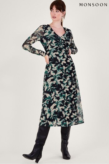 Monsoon Green Floral Mesh Dress efecto (N63140) | £85