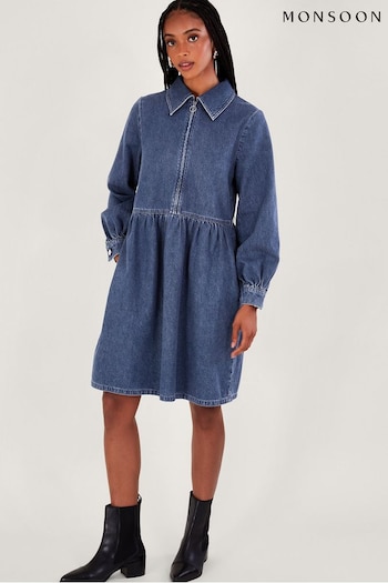 Monsoon Blue Shirt Zip Denim cinturilla Dress (N63144) | £80