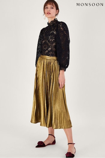 Monsoon Gold Pleated Midi Skirt (N63149) | £70