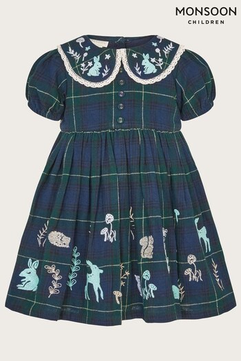 Monsoon Baby Blue Embroidered Tartan Dress (N63191) | £34 - £38