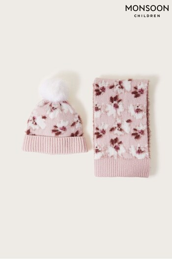 Monsoon Pink Floral Knit Hat and Scarf Set (N63194) | £25 - £26