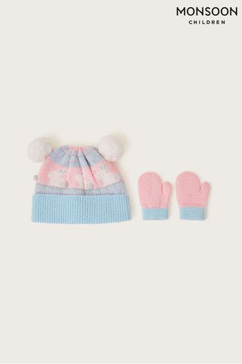Monsoon Baby Pink Bunny Fair Isle Hat and Gloves Set (N63205) | £19