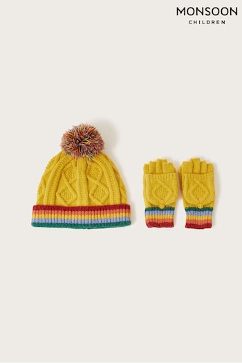 Monsoon Yellow Matty Knit Rainbow Hat and Gloves Set (N63209) | £23 - £24