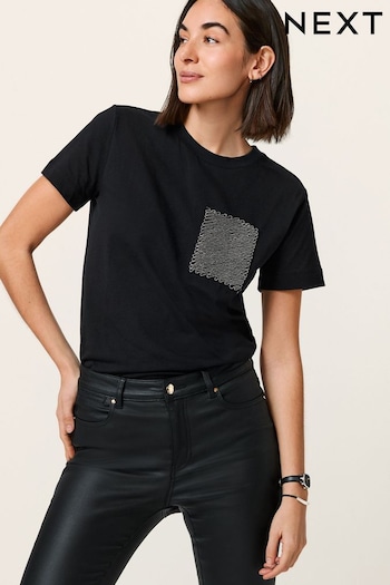Black Short Sleeve Embellished Pocket T-Shirt (N63246) | £26