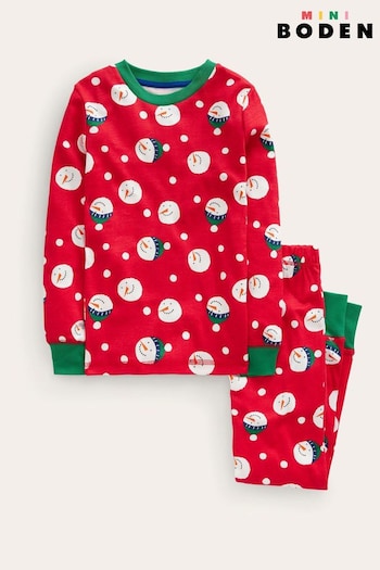 Boden Red Snug Long John Christmas Snowman Pyjamas (N63382) | £23 - £27