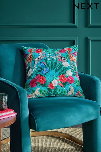 Bright Green Safari Floral Velvet Cushion (N63399) | £16